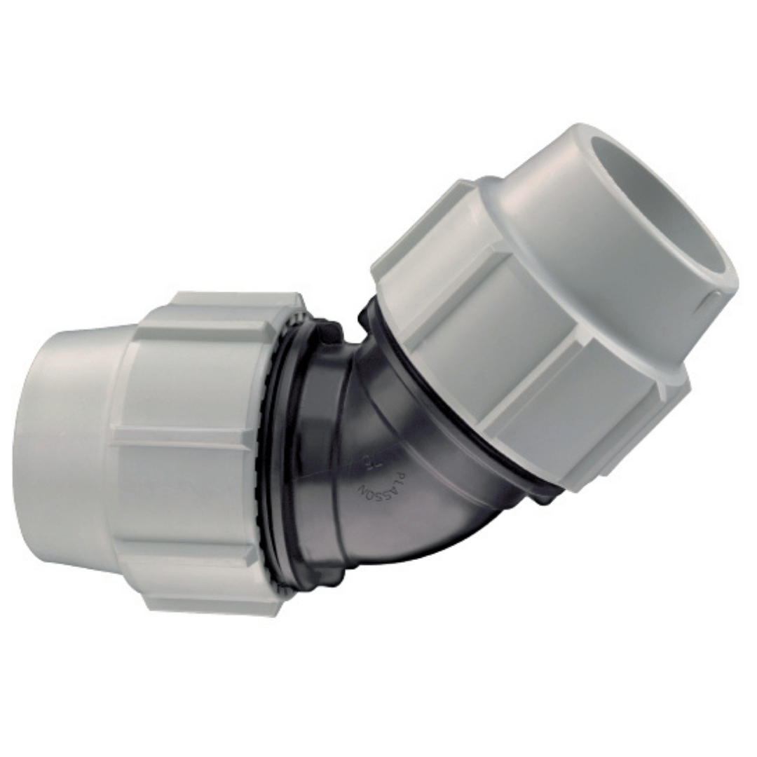 A white plastic elbow pipe connector with a translucent black inner section and black gasket rings, shown on a plain white background.