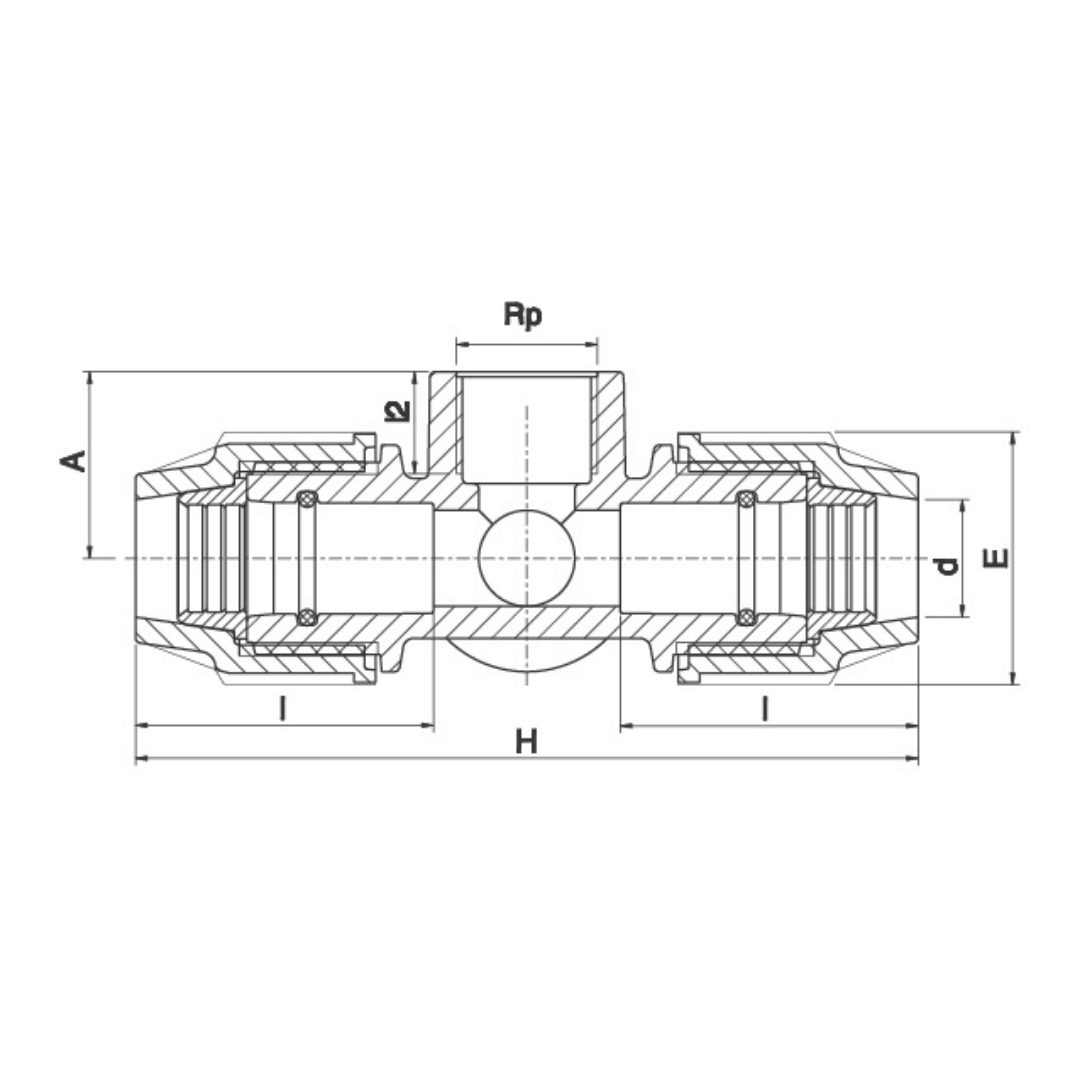 Technical cross-section dimension diagram of a pipe connector with labeled dimensions including Rp, d, E, H, I, A, and S on a white background.