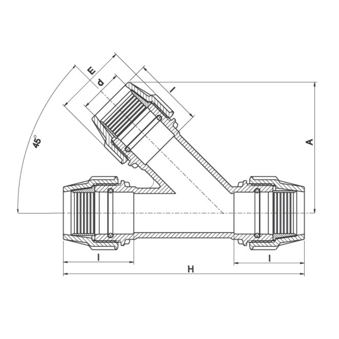 Technical dimension drawing of a Y-shaped pipe fitting with labeled dimensions A, H, I, d, E, and a 45-degree angle, shown on a white background.