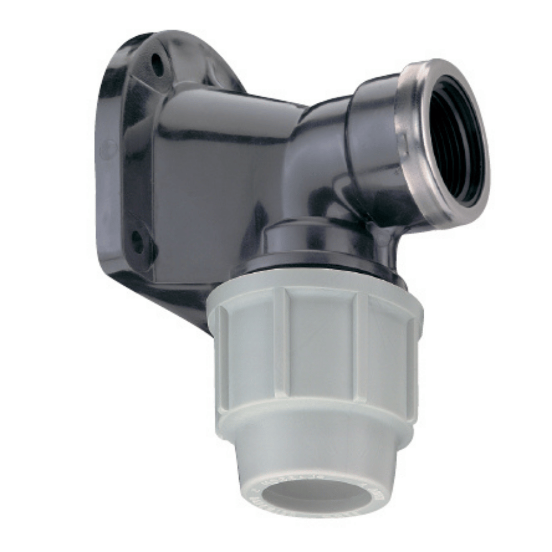 A plastic T-shaped pipe fitting with a black body, a silver metal threaded rim on one arm, and a white ribbed connector on the other, shown against a plain white background.
