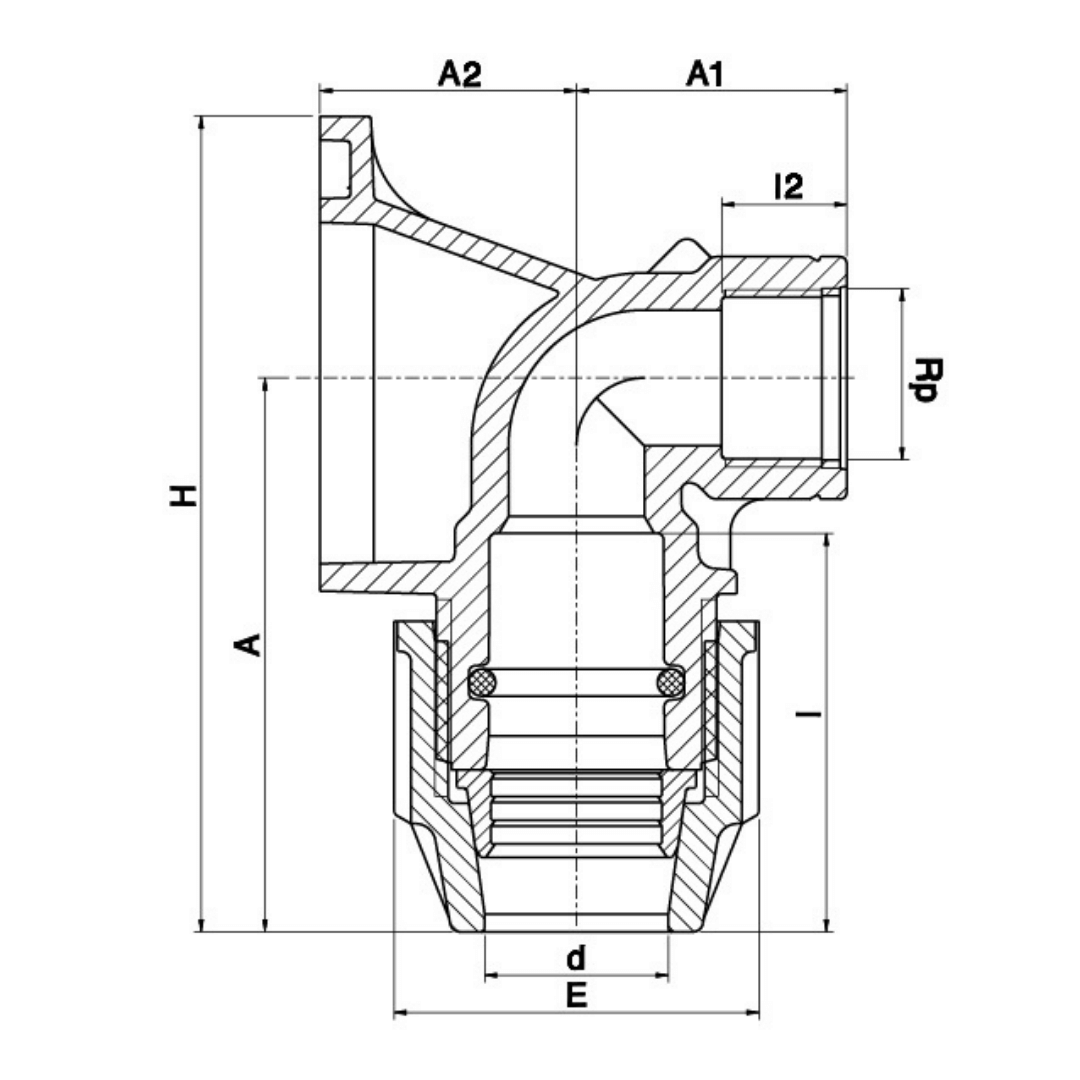 Technical cross-section diagram of a plumbing fitting with dimension labels A1, A2, H, A, d, E, l, and Rp on a white background.