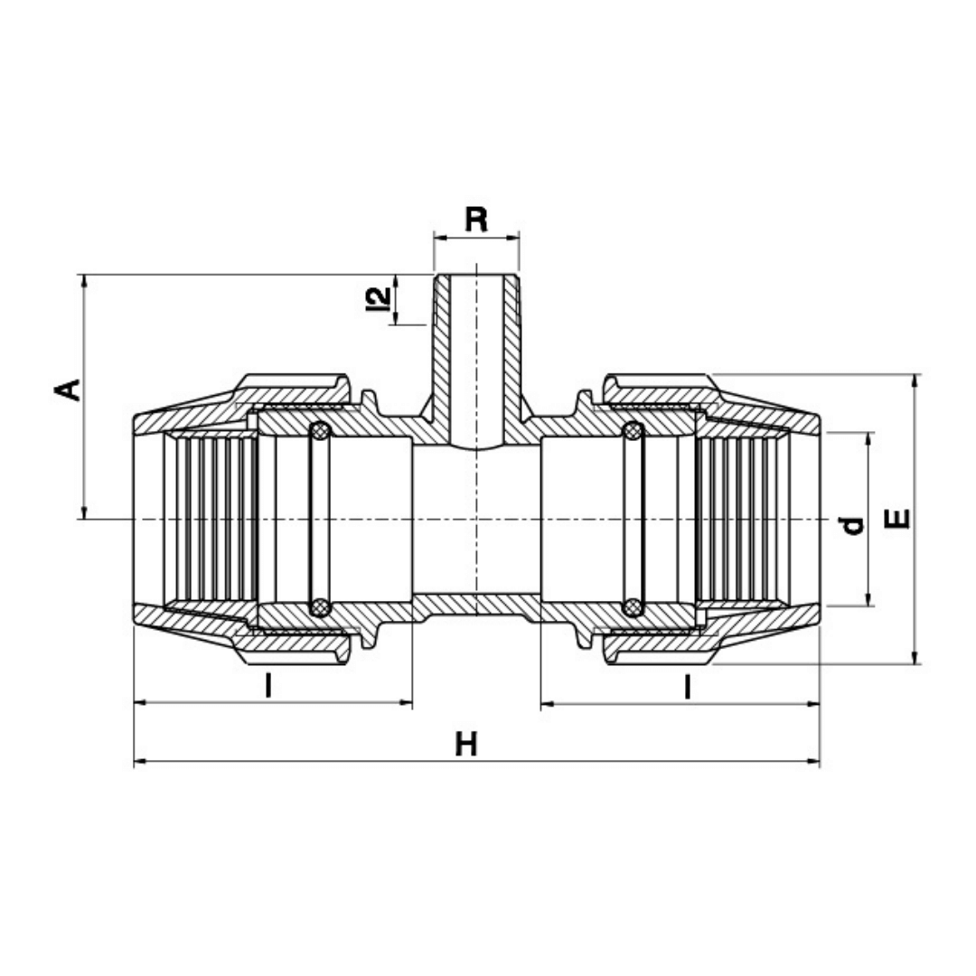 Technical cross-section dimension diagram of a pipe connector or fitting, showing labeled dimensions A, H, l, R, d, and E on a white background.