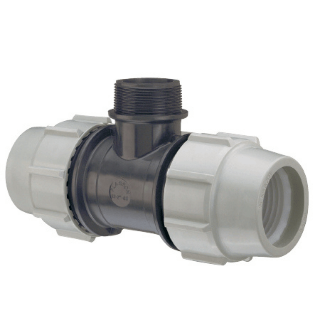 A plastic T-shaped pipe fitting with white threaded connectors on the sides and a black threaded pipe connection on top, isolated on a white background.