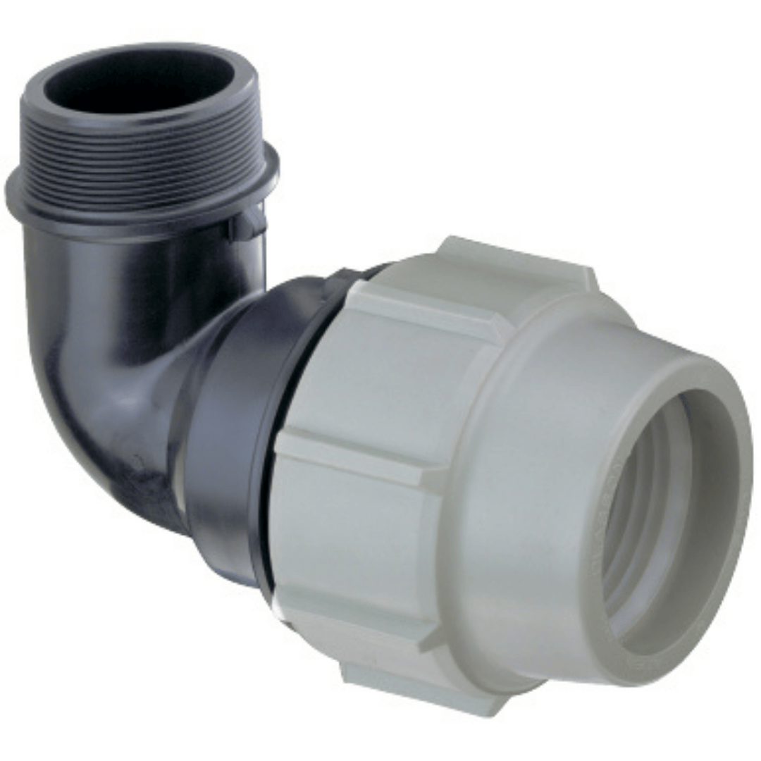 A plastic pipe connector elbow fitting with a black threaded male socket on one end and a white ribbed female connector body on the other, isolated on a white background.