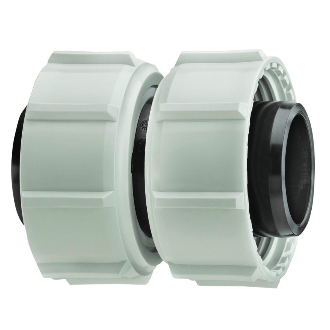 Two white plastic pipe couplers with black inner rings, shown on a solid white background.