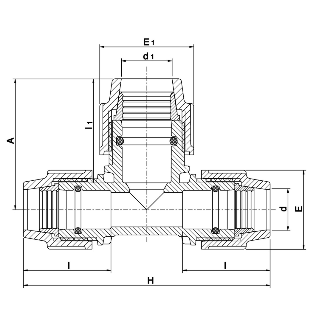 Technical cross-section dimension diagram of a three-way pipe fitting with labeled measurements including A, H, l, d, E1, d1, and E on a white background.