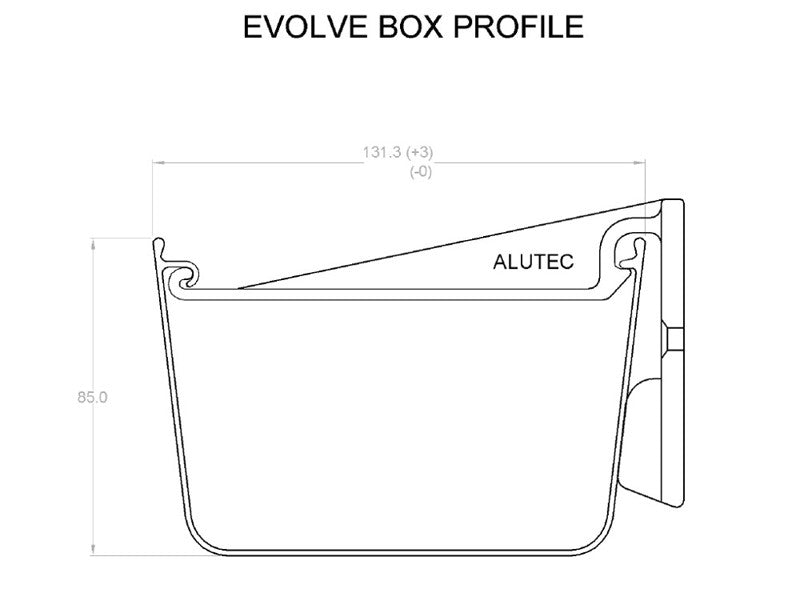 Technical drawing of an Alutec Evolve box profile on a white background