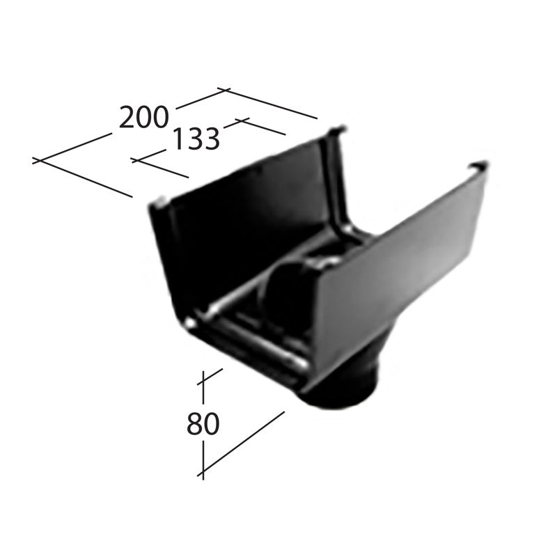 Alutec 72x72mm aluminium box gutter running outlet with technical measurements

