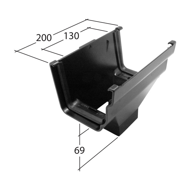 Alutec Evolve 72x72mm Aluminium Ogee Gutter Running Outlet with technical measurements