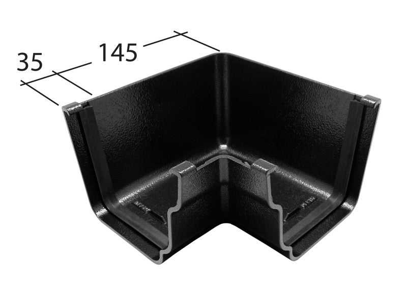 Aluminium ogee gutter 90° internal angle for Evolve system, showing profile and dimensions