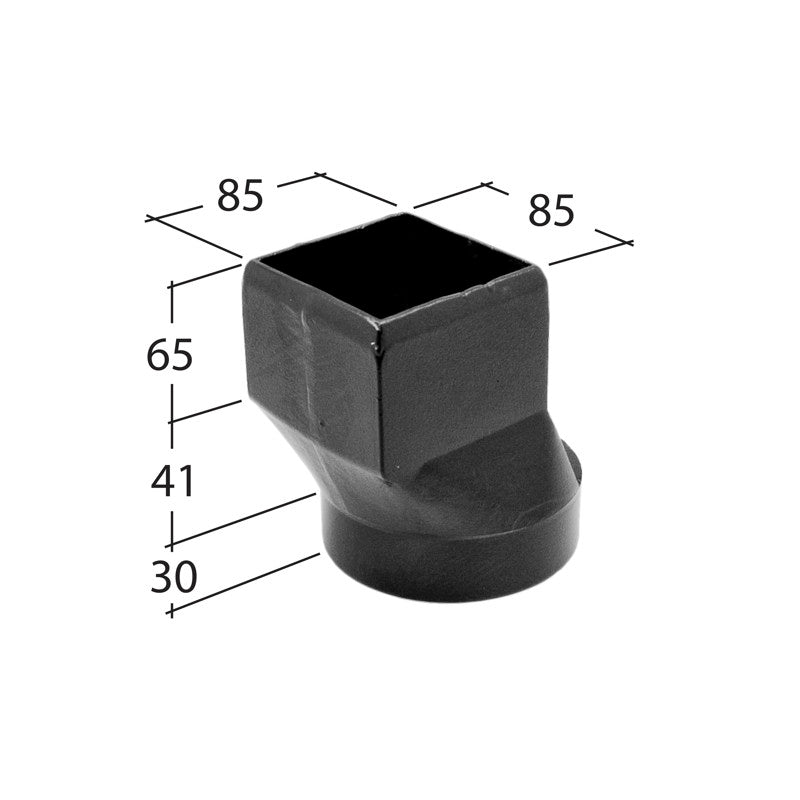 Aluminium downpipe fitting connecting square to round downpipe profiles in Alutec rainwater systems

