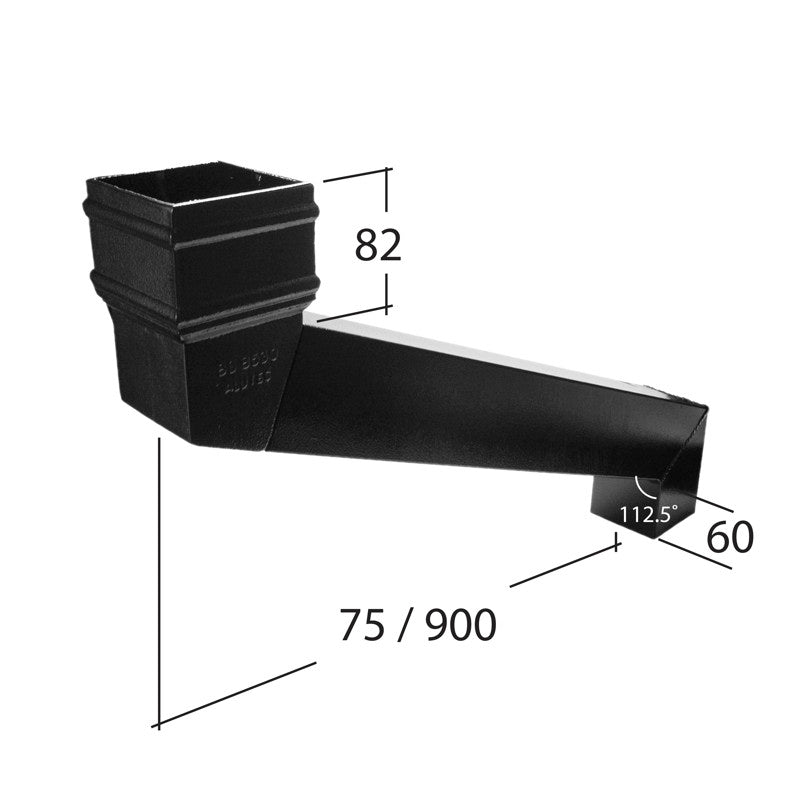 Alutec adjustable aluminium downpipe offset bend 72x72mm (75–900mm) with measurement markings

