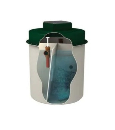 Cutaway of Marsh Ultra Polylok 6PE domestic sewage treatment plant showing three-stage process and internal bio-media for efficient wastewater treatment.