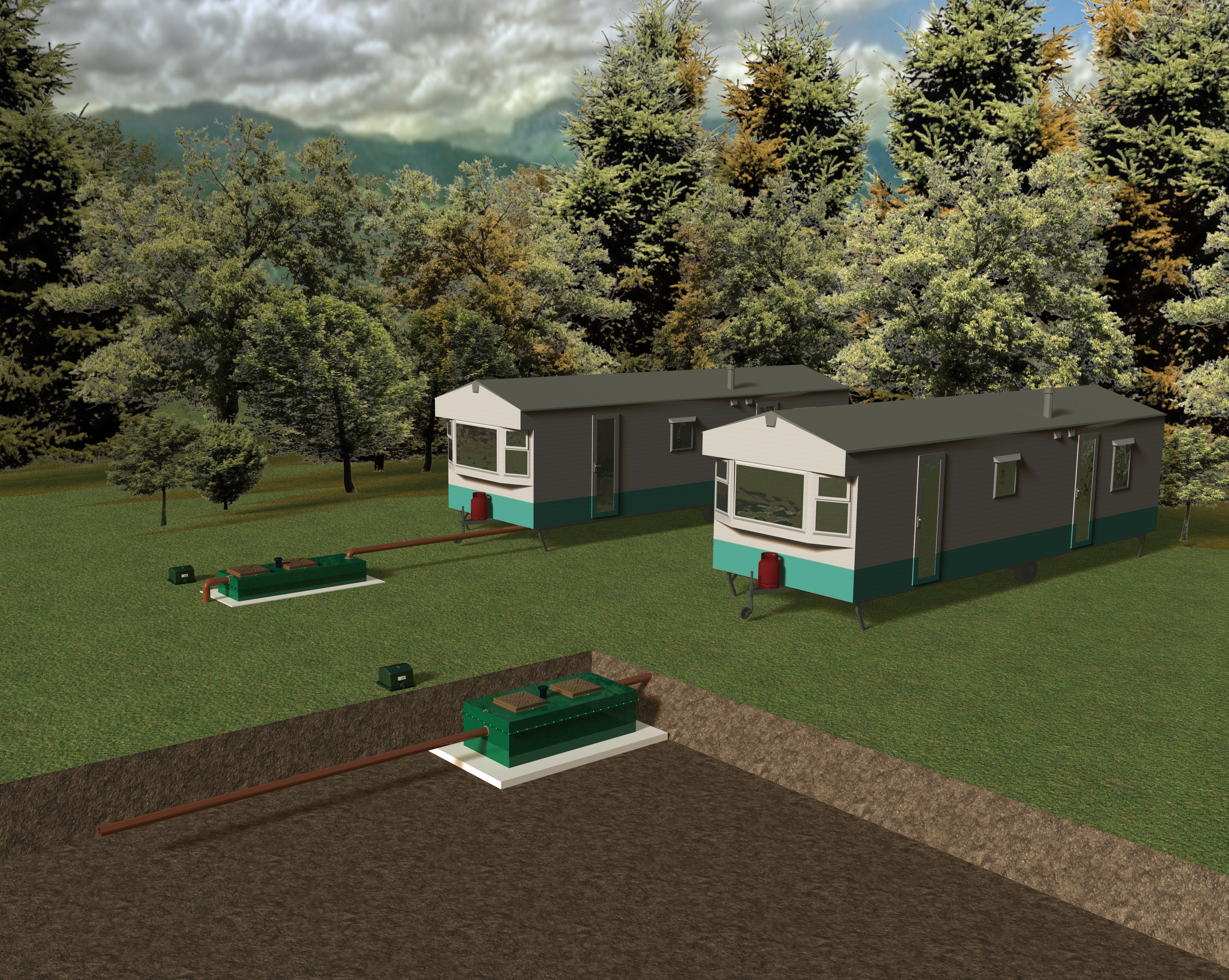 Marsh Portapura sewage treatment plant in use at a temporary accommodation site, highlighting portable and low-impact installation.