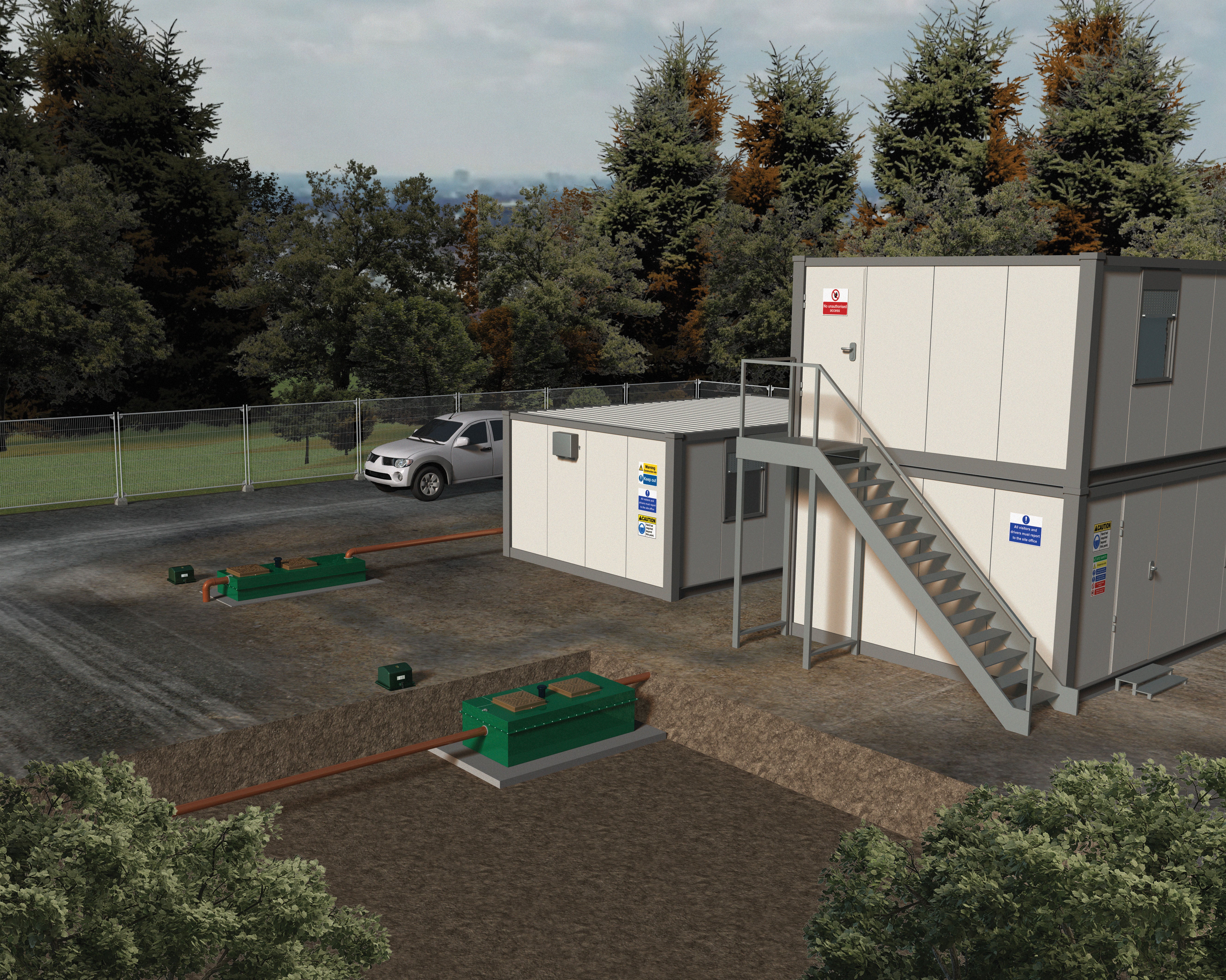 Marsh Portapura in action at a temporary commercial site, demonstrating minimal footprint and fast installation.